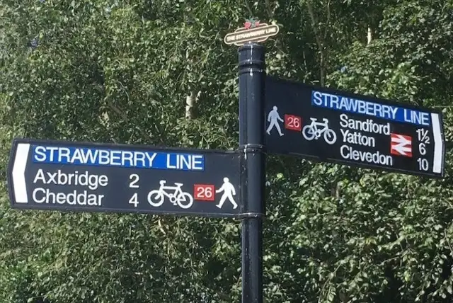 Strawberry Line cycle path near Cheddar, Somerset — flat converted railway route through scenic Mendip Hills countryside, ideal for cycling holidays from The Studio Cheddar