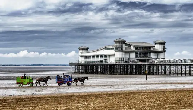 Weston-super-Mare beach and Grand Pier — classic British seaside town, 30 minutes from The Studio Cheddar luxury lodge, Somerset
